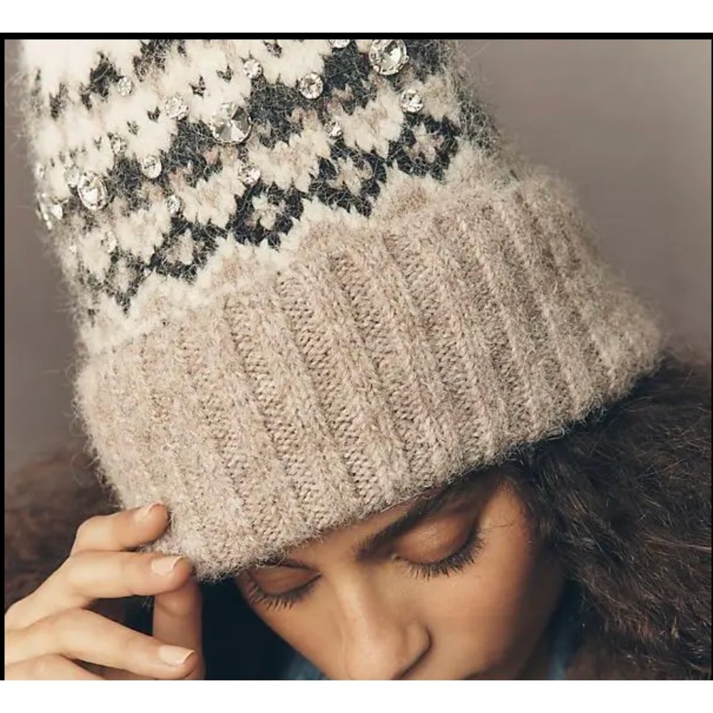 Anthropologie Embellished Fairisle Beanie Hat Neutral Pattern Rhinestone OS_ NEW